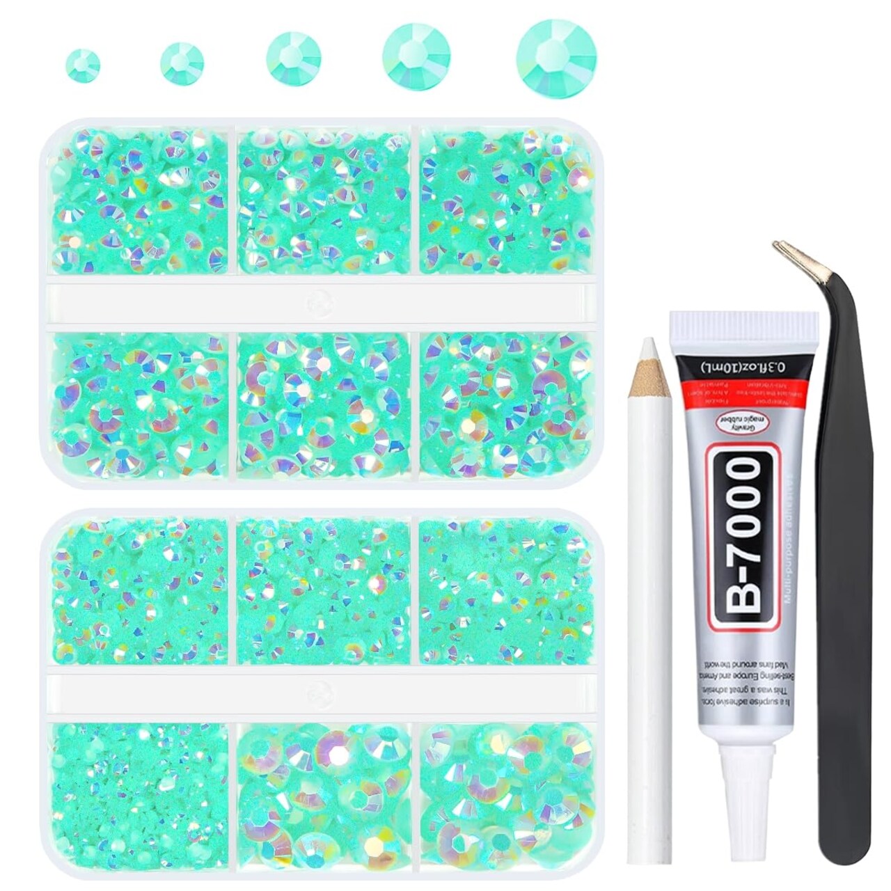 qiipii Aquamarine Green AB Resin Rhinestones w B7000 Glue for Bedazzling Crafting 2mm-6mm Flatback Jelly Stones Diamonds Gems for Face Eyes Makeup Tumblers Bottles DIY Crafts Clothes Shoes Phones Book
